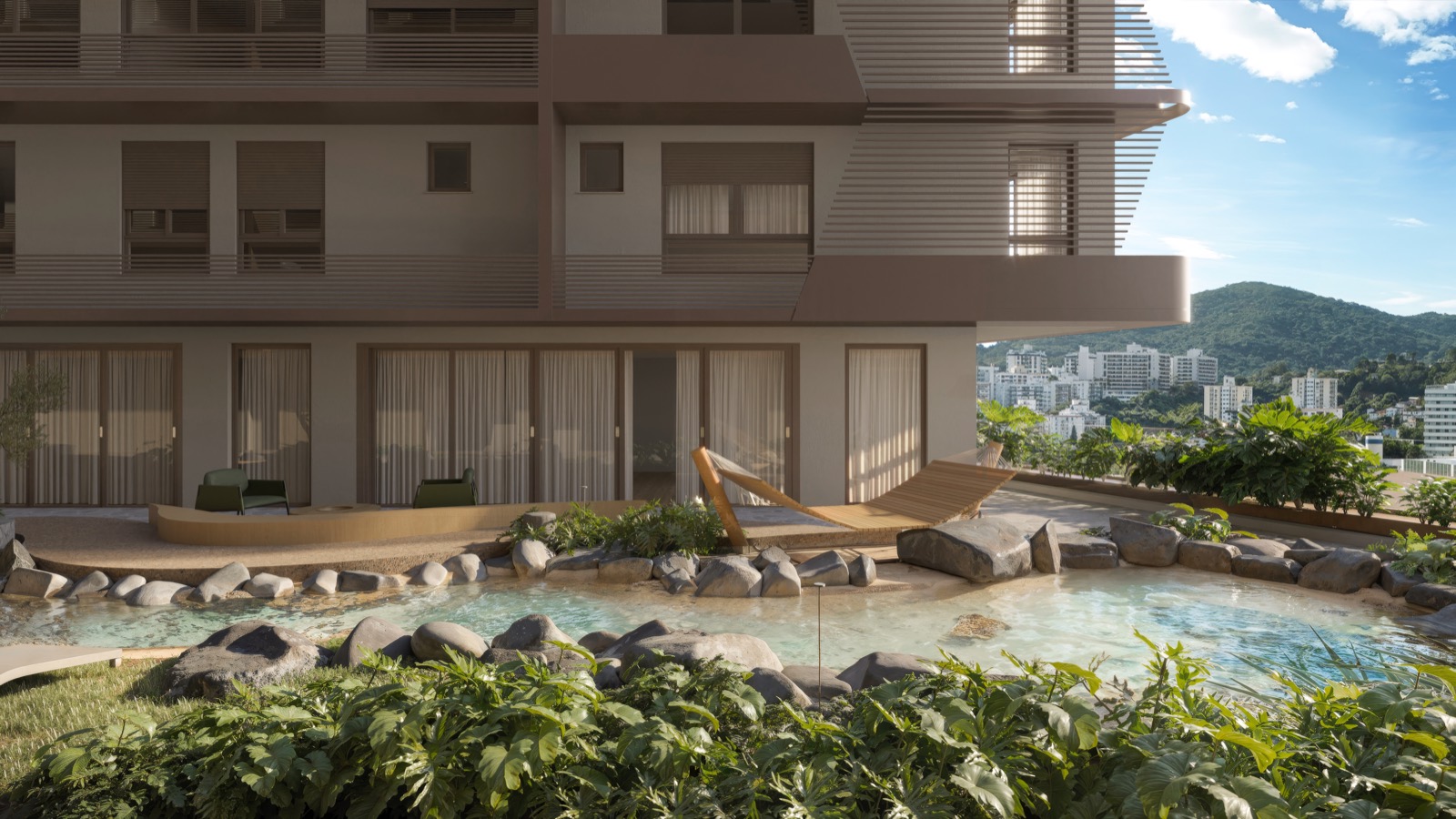 Lago contemplativo com deck